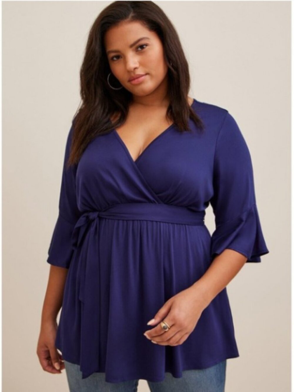 TORRID Babydoll Tie Front Faux Wrap Top Blue Challis Surplice NWT Blouse 1X Navy